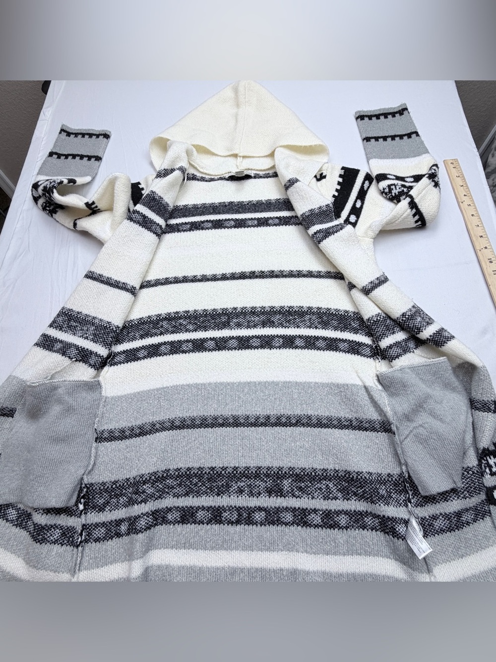 Hooded Open-Front Long Cardigan Sweater - Cream, Gray & Black - Picture 2 of 10